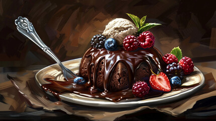 A delectable chocolate lava cake, generously drizzled with rich chocolate sauce, crowned with a scoop of vanilla ice cream, and adorned with fresh mixed berries and mint, presented artfully on a rusti