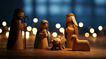 Wooden Mary, Joseph, and Jesus in manger with lamb and bright bokeh christmas lights on a dark background for Christmas, spirituality footage - Powered by Adobe