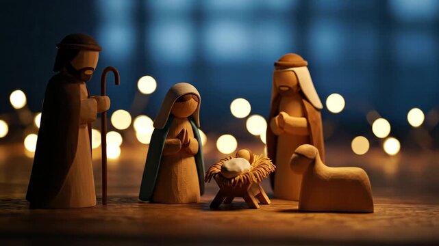 Wooden Mary, Joseph, and Jesus in manger with lamb and bright bokeh christmas lights on a dark background for Christmas, spirituality footage - Powered by Adobe
