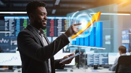 Man checks tablet for stock market. Trader watches finance numbers on display. Businessman analyst checks investment graph. Office monitor shows market data. Visual shows business technology focus. - Powered by Adobe
