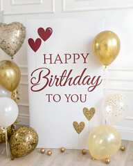 Festive happy birthday to you celebration with balloons and hearts decor