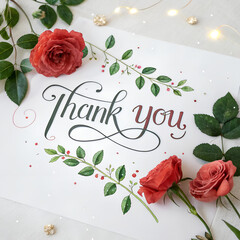 Elegant thank you script with red roses and greenery gentle bokeh with soft bokeh lights