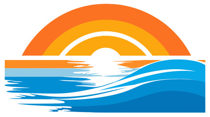 Stylized tropical sunset graphic with vibrant orange sun and blue ocean waves. Summer beach vacation travel design illustration.