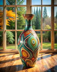 Vibrant curved ceramic vase with intricate patterns by a sunlit window
