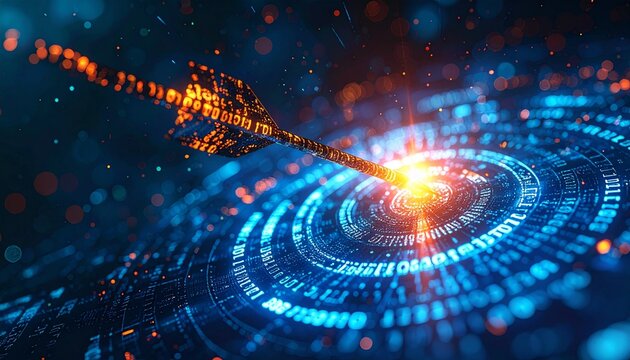Target success, a digital dart hitting the bullseye, concept of data aiming and goal achievement. A visual metaphor of reaching business objectives, showcasing precision and technological innovation.