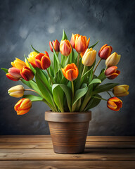 Realstic of a bouquet of tulips in a pot. neutral grey background.