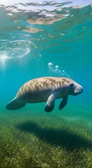 A serene manatee glides gracefully through crystal-clear turquoise water, surrounded by vibrant underwater grass.
