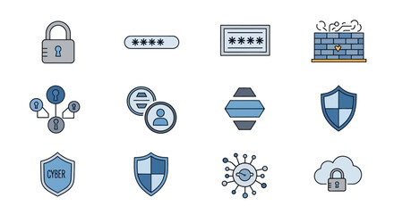 Digital security and cyber protection icons, including locks, shields, and passwords