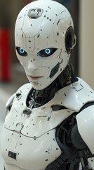 Fototapeta premium A robot with a white body and blue eyes stands in front of a red wall. The robot's face is illuminated, giving it a futuristic and almost menacing appearance. The scene suggests a futuristic setting