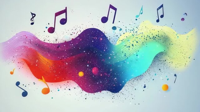 Selective focus. Abstract gradient sound waves with musical note symbols in motion