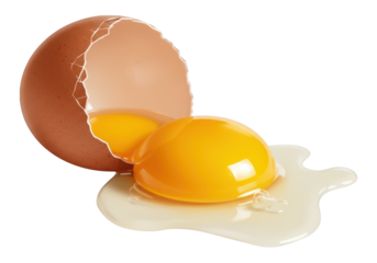 Cracked brown egg spilling its yolk and white onto a surface.