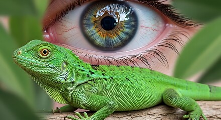 A vibrant green lizard rests near a human eye, showcasing a captivating blend of nature and the human form.