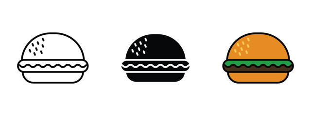 Burger icon in EPS format on a white background, shown in stroke, solid, flat color, and shaded versions. Perfect for fast food, menu design, restaurant branding, delivery apps, snack and street food.