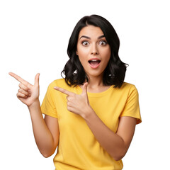 Illustration of surprised woman pointing to the side isolated on transparent background