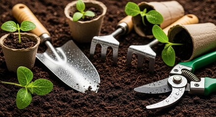 Gardening tools and seedlings in rich soil ready for planting
