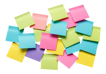 Fototapeta premium Pile of colorful sticky notes scattered on a white background.