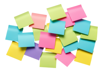 Pile of colorful sticky notes scattered on a white background.