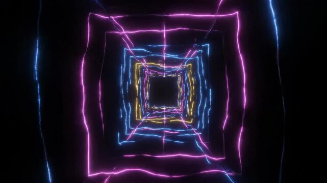 Neon Square Tunnel: Mesmerizing perspective of glowing neon squares stretching into a dark, abstract void, showcasing vibrant color and intricate geometric design.