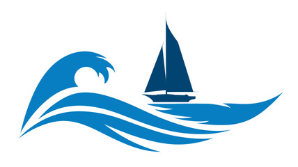 Stylized blue sailboat riding a large ocean wave. Vector graphic representing freedom, adventure, and marine water sports.