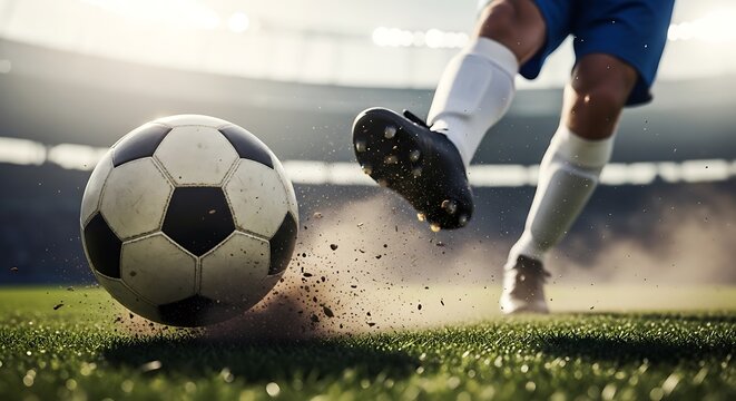 A soccer player kicks the ball with power and precision, sending it soaring across the field in a dynamic display of athleticism and skill during an intense match