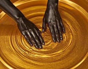 Hands in Golden Vessel: Artistic hands gracefully immersed in a swirling sea of gold, offering a mesmerizing display of craftsmanship and elegance. Capturing the essence of creation.