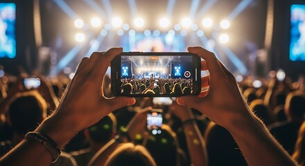 A concert crowd recording a live performance with their smartphones, capturing the energy, excitement, and atmosphere of the event in a digital and shareable format