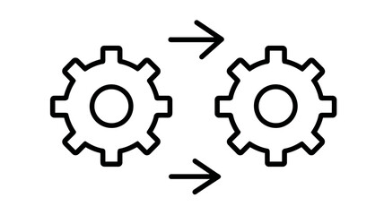 Bidirectional gear process icon. System workflow, exchange, automation, and integration symbol with interconnected cogs.