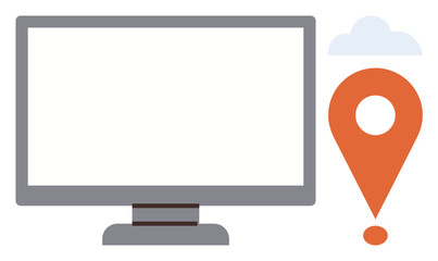 Computer monitor alongside a map pin and cloud symbolizing online navigation, geolocation, and connectivity. Ideal for technology, GPS, travel, software, digital mapping, network cloud computing