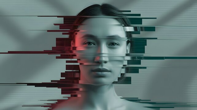 Stunning portrait of a woman with a modern glitch effect, perfect for technology, digital arts, or futuristic concept visuals and cutting-edge designs