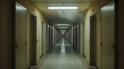 Eerie hallway with numbered doors creates a sense of mystery and suspense, perfect for thriller projects or conveying institutional feelings