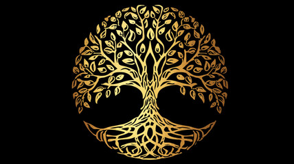 Intricate golden Tree of Life symbol on a black background, ancient spiritual emblem with detailed roots and branches, circular design