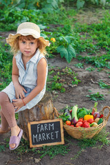 Obraz premium A child at a farmers market with vegetables. Selective focus.