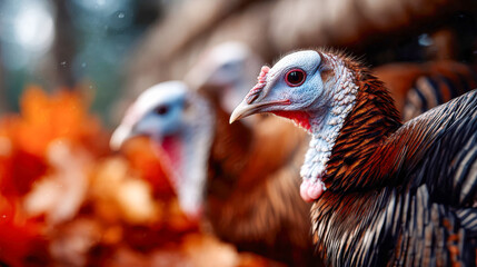 Fototapeta premium Vibrant close-up of turkeys against a backdrop of warm autumn leaves