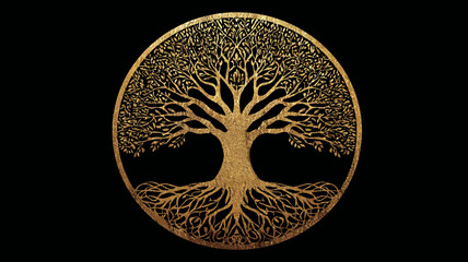 Intricate Golden Tree of Life Circle Symbol on Black Background, Spirituality, Nature & Growth Concept