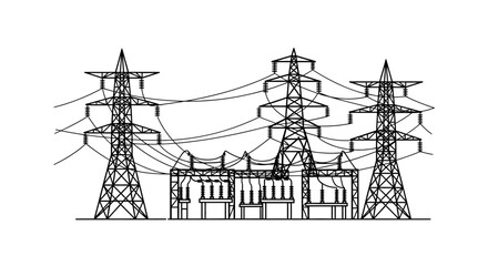A stylized black and white illustration of a complex electrical substation with multiple towers and intricate wiring