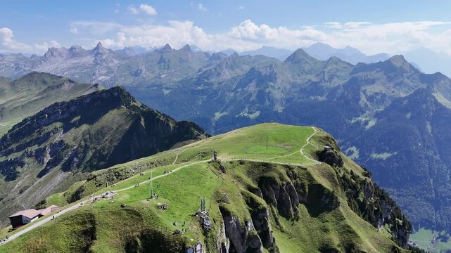 Panoramic view from Fronalpstock mountain in Switzerland with Swiss Alps and lakes