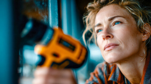Focused woman using a yellow power drill in a workshop, working precisely on a wooden surface