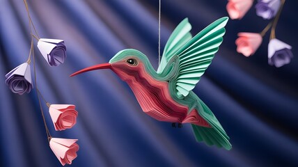 Elegant paper hummingbird art with pastel flowers, a whimsical and modern design perfect for springtime promotions or nature-themed projects