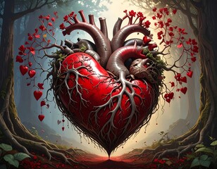 Surreal heart-shaped organ growing from tree roots in a vibrant forest