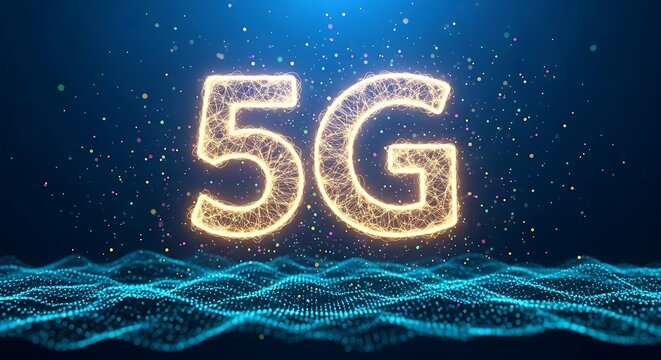 Glowing 5g text with digital particles and waves