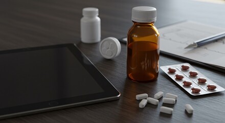 Manage Health Online with Tablet, Pills, and Medicine Bottle on Desk - Perfect for Healthcare Marketing and Wellness Campaigns