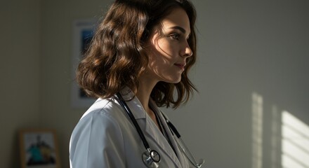 Thoughtful female doctor with stethoscope in sunlight, healthcare professional planning treatment in office, medical expert ready to help patients