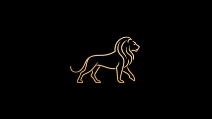 Golden minimalist outline of a majestic walking lion on a black background. Elegant graphic symbol of strength, power, and luxury.