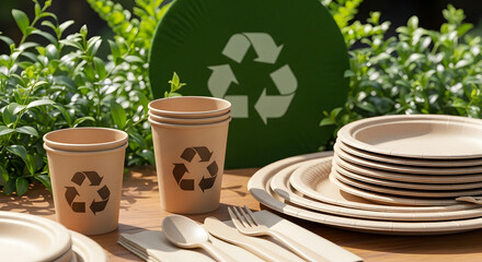 Eco-friendly disposable tableware for sustainable events and catering, compostable plates and cups with recycling logo promoting zero waste lifestyle