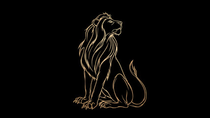 Majestic golden line art lion sitting on haunches with flowing mane, isolated on a deep black background, embodying power and elegance.