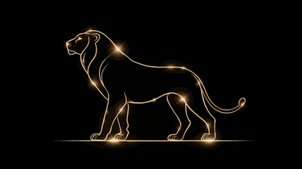 Golden glowing outline of a powerful lion against a dark black background, symbolizing strength, luxury, and majestic elegance.