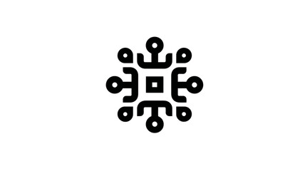 Symmetrical abstract digital network icon with interconnected nodes, representing technology, data connection, AI, and information exchange.