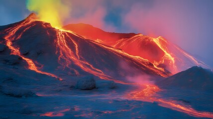 Stunning volcano eruption with vibrant lava flowing down snowy mountain, a powerful landscape showcasing nature's raw energy and geological wonder
