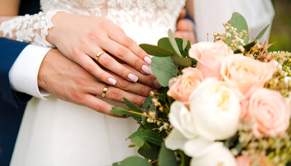 Romantic Wedding Close-up of Hands with Rings and Bouquet - Marriage Ceremony Detail