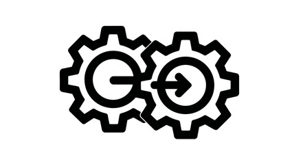 Two interlocking gears icon with an arrow, representing process, workflow, engineering, system integration, settings, and cooperation concept.